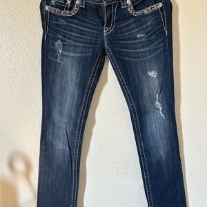 Miss Me Dark Blue Straight Leg Jeans with Distressed Details